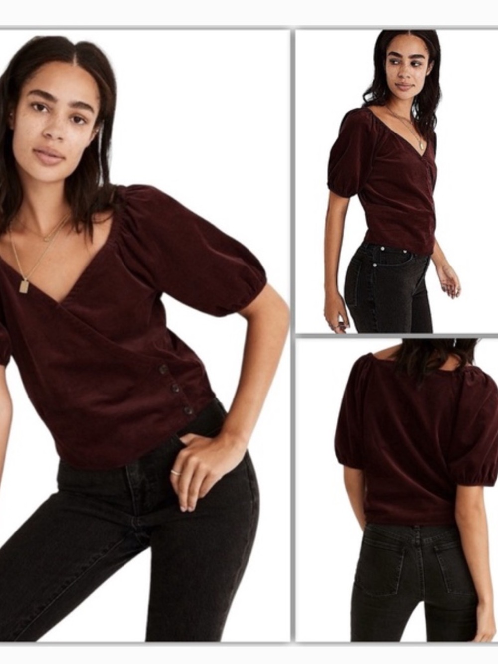 NWOT Madewell Burgundy Velvet Corduroy Puff-Sleeve Wrap Top